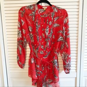 Anthropologie red floral button up sheer blouse